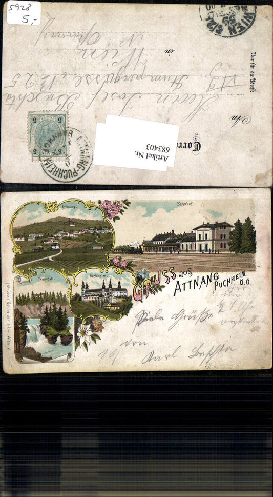 683403 tolle Lithographie Gruss aus Attnang Puchheim Bahnhof Traunfall Schloss pub Schneider & Lux 1090