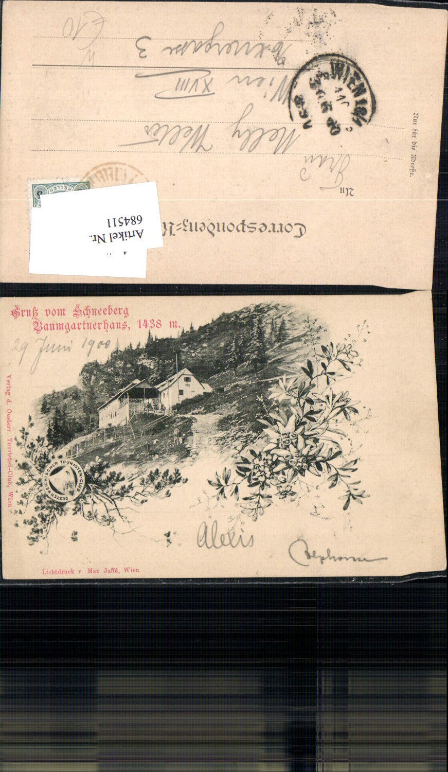 684511 Greetings from Schneeberg Baumgartnerhaus Puchberg 1900 pub Max Jaffe