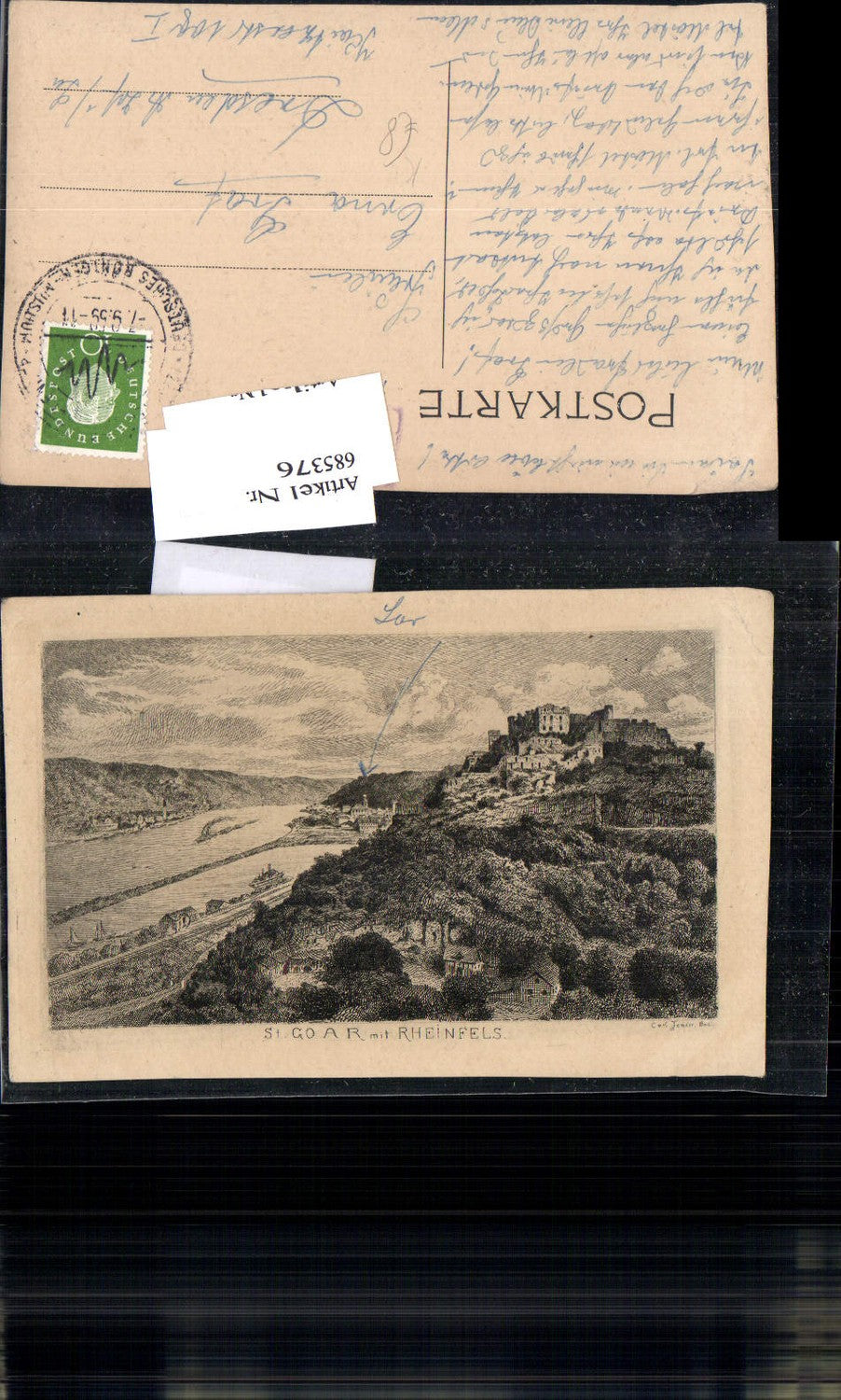 685376 Radierung Carl Jander Berlin St. Goar am Rhein Rheinfels