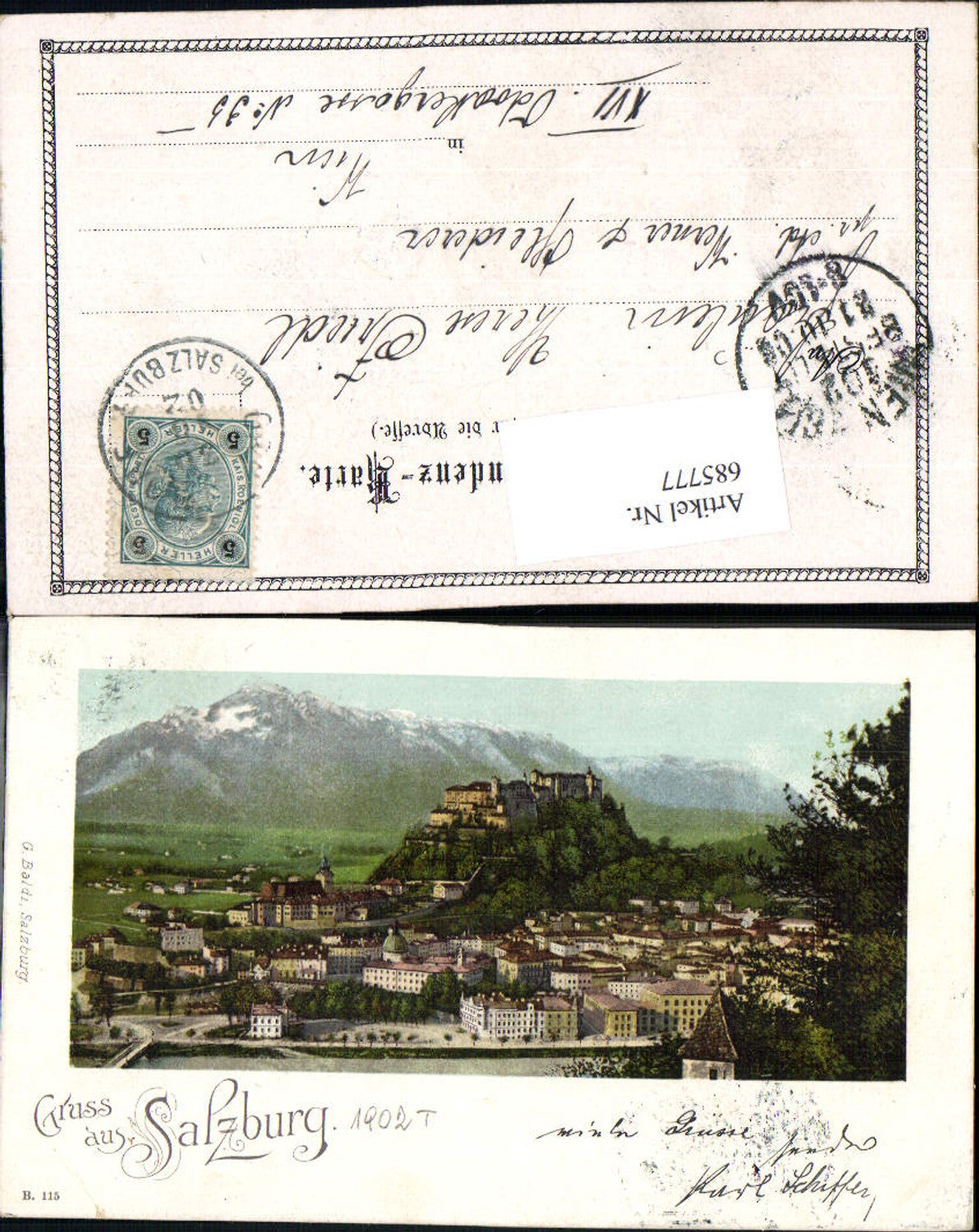 685777 Lithographie Gruss aus Salzburg Stadt 1902 pub Baldi B. 115