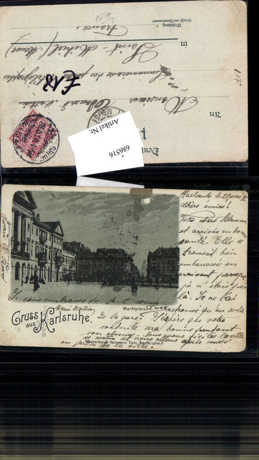 686516 Moon Lithograph Moonlight Greetings from Karlsruhe Market Square 1898