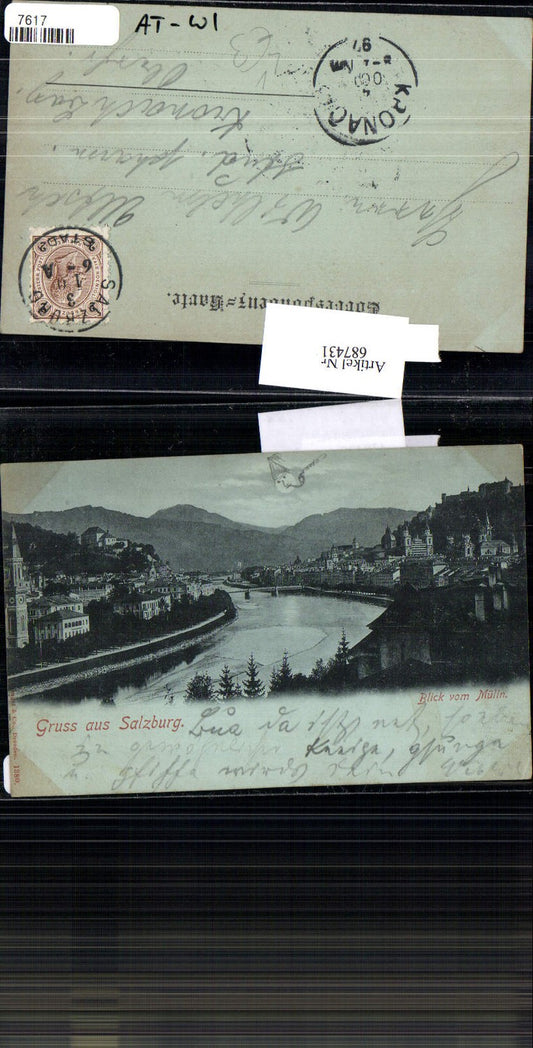 687431 Mond Lithographie Gruss aus Mülln Salzburg Stp. Kronach 1897