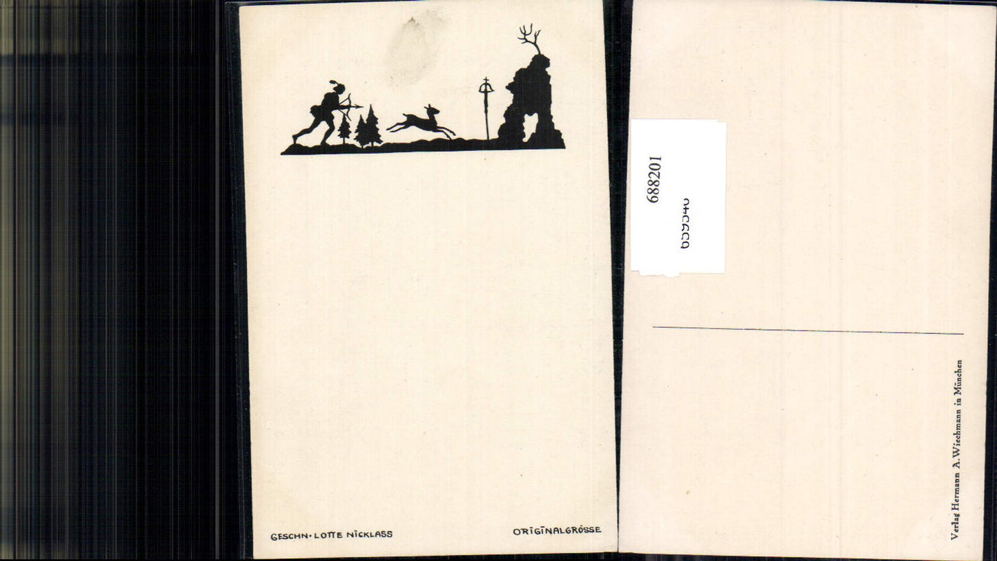 688201 Künstler AK Silhouette Scherenschnitt Lotte Nicklass Schütze Reh