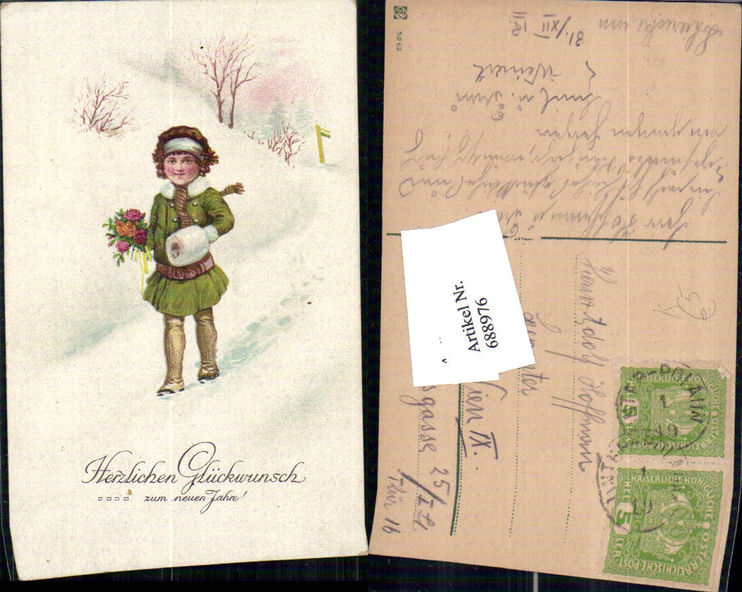 688976 Künstler AK Neujahr Mädchen Muff Schnee Blumen