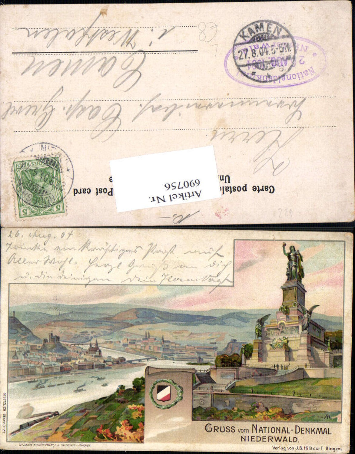 690756 Lithographie Gruss vom National Denkmal Niederwald Bingen Rüdesheim am Rhein