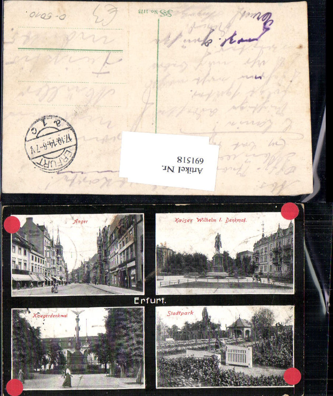 691518 Erfurt Stadtpark Anger Kriegerdenkmal Feldpost 1914