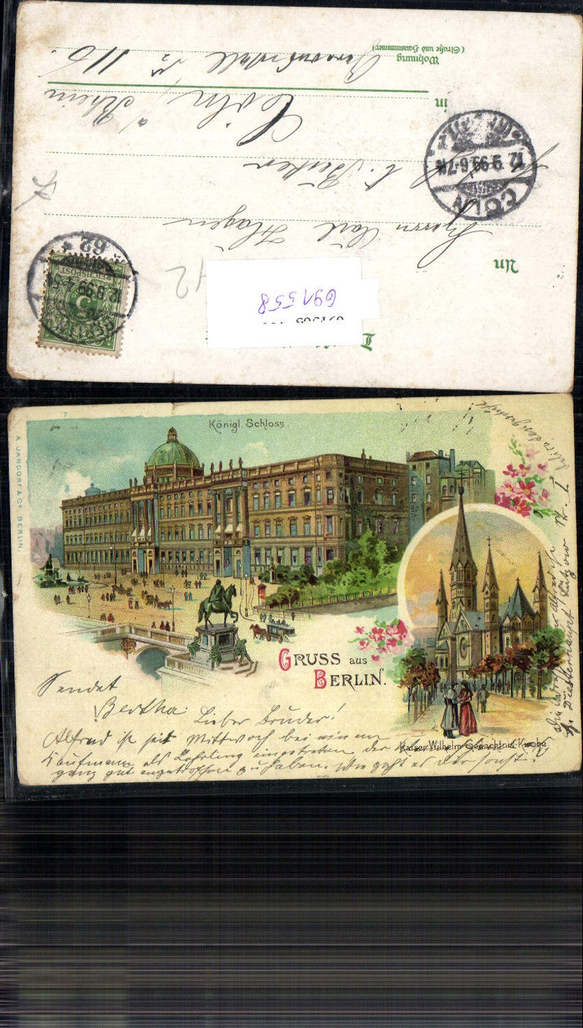 691558 tolle Lithographie Berlin Schloss Kaiser Wilhelm Gedächtnis Kirche pub Jandorf & Co.