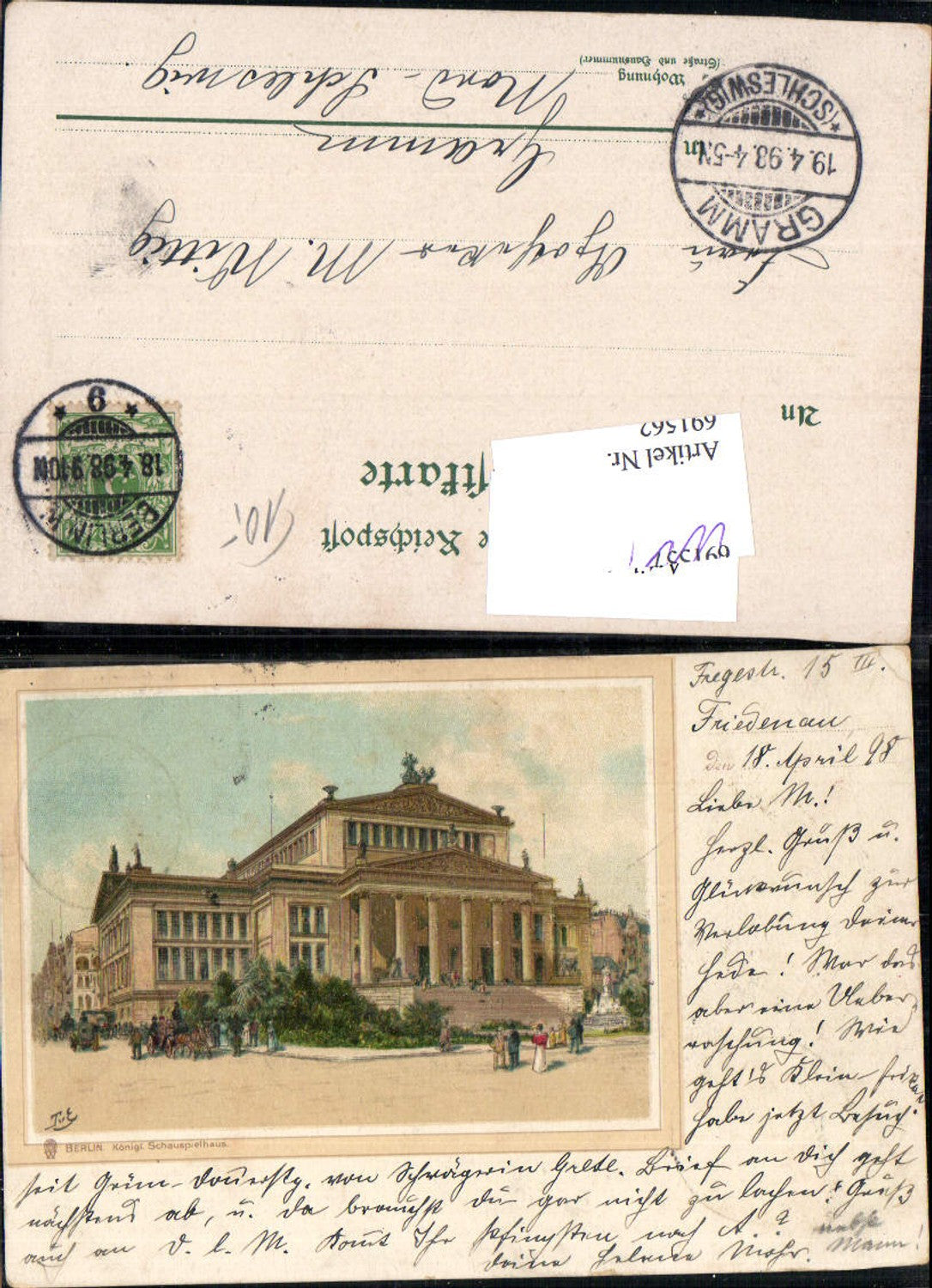 691562 Lithographie Berlin Königl. Schauspielhaus Theater Oper 1898 gel. Gramm Schleswig