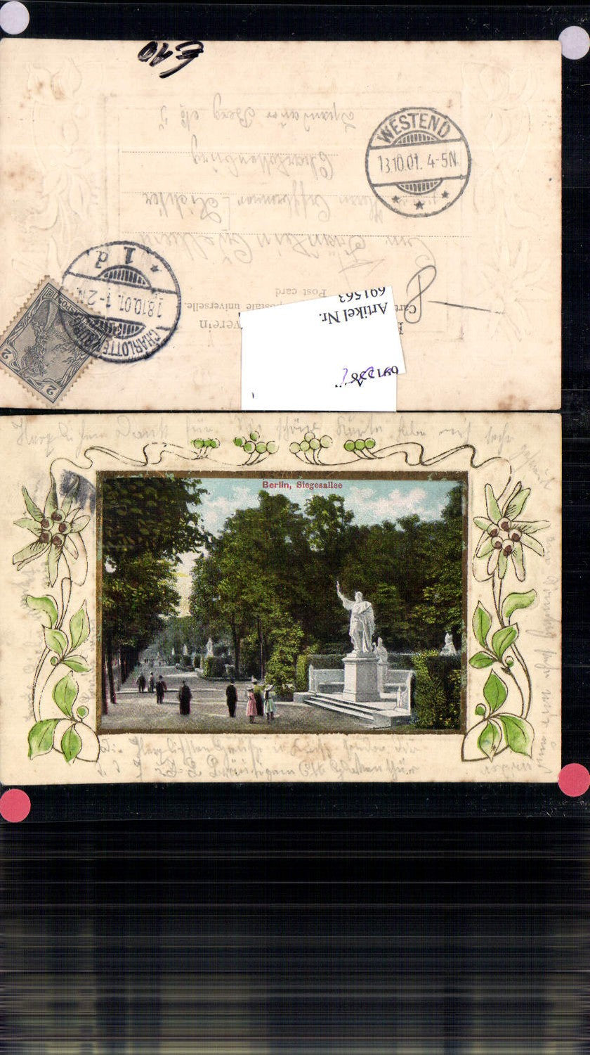 691563 tolle Präge Lithographie Berlin Siegesallee Denkmal gel Westend 1901