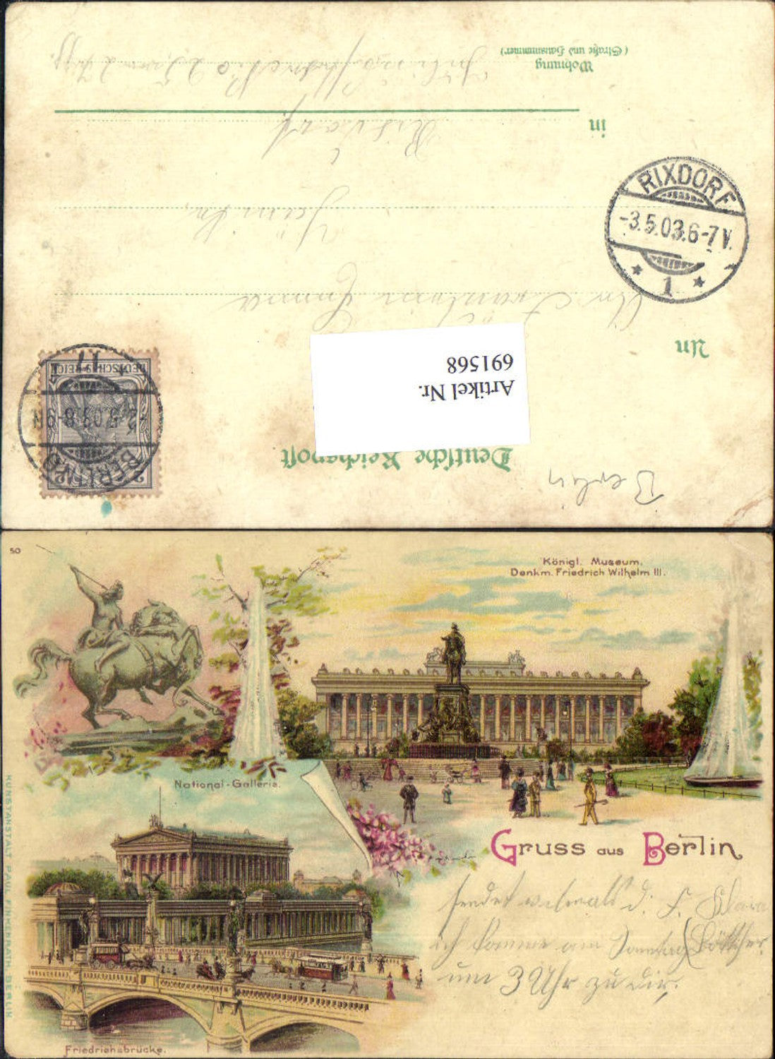 691568 tolle Lithographie Berlin Königl. Museum National Gallerie Friedrichsbrücke pub Finkenrath