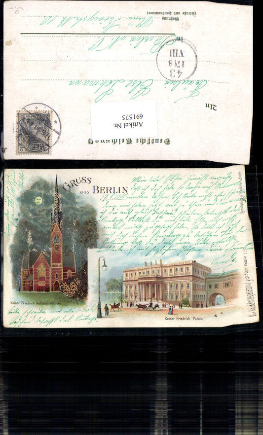 691575 tolle Lithographie Berlin Glasperlen Applikation Kaiser Wilhelm Gedächtnis Kirche Palais