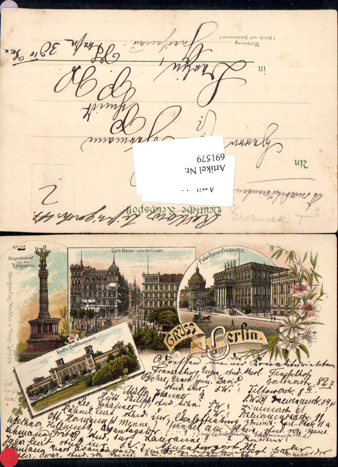 691579 tolle Lithographie Berlin Kroll`s Eltablissement Cafe Bauer unter den Linden pub Winkler & Voigt