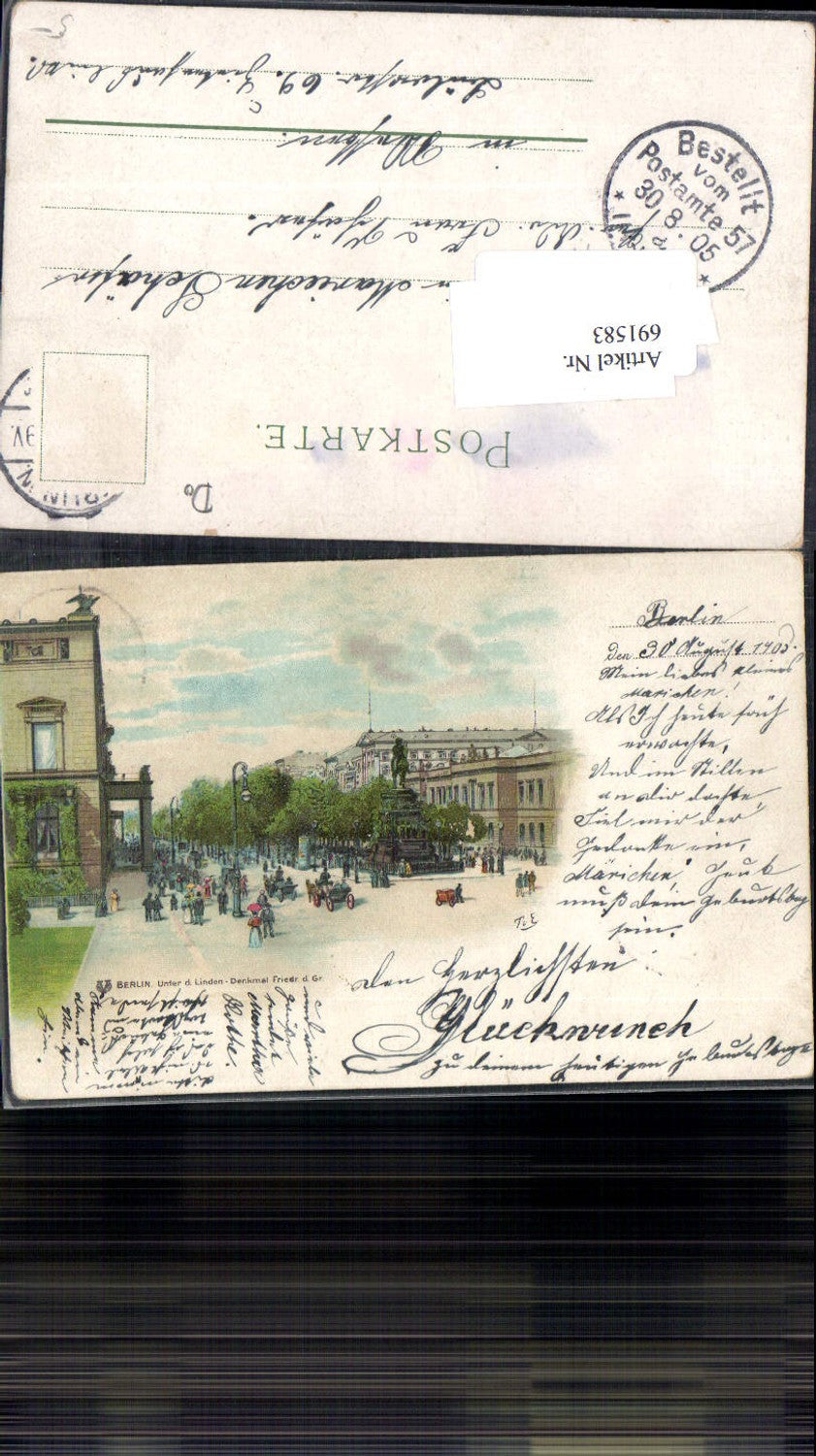 691583 tolle Lithographie Berlin Unter den Linden Denkmal Friedrich der Große