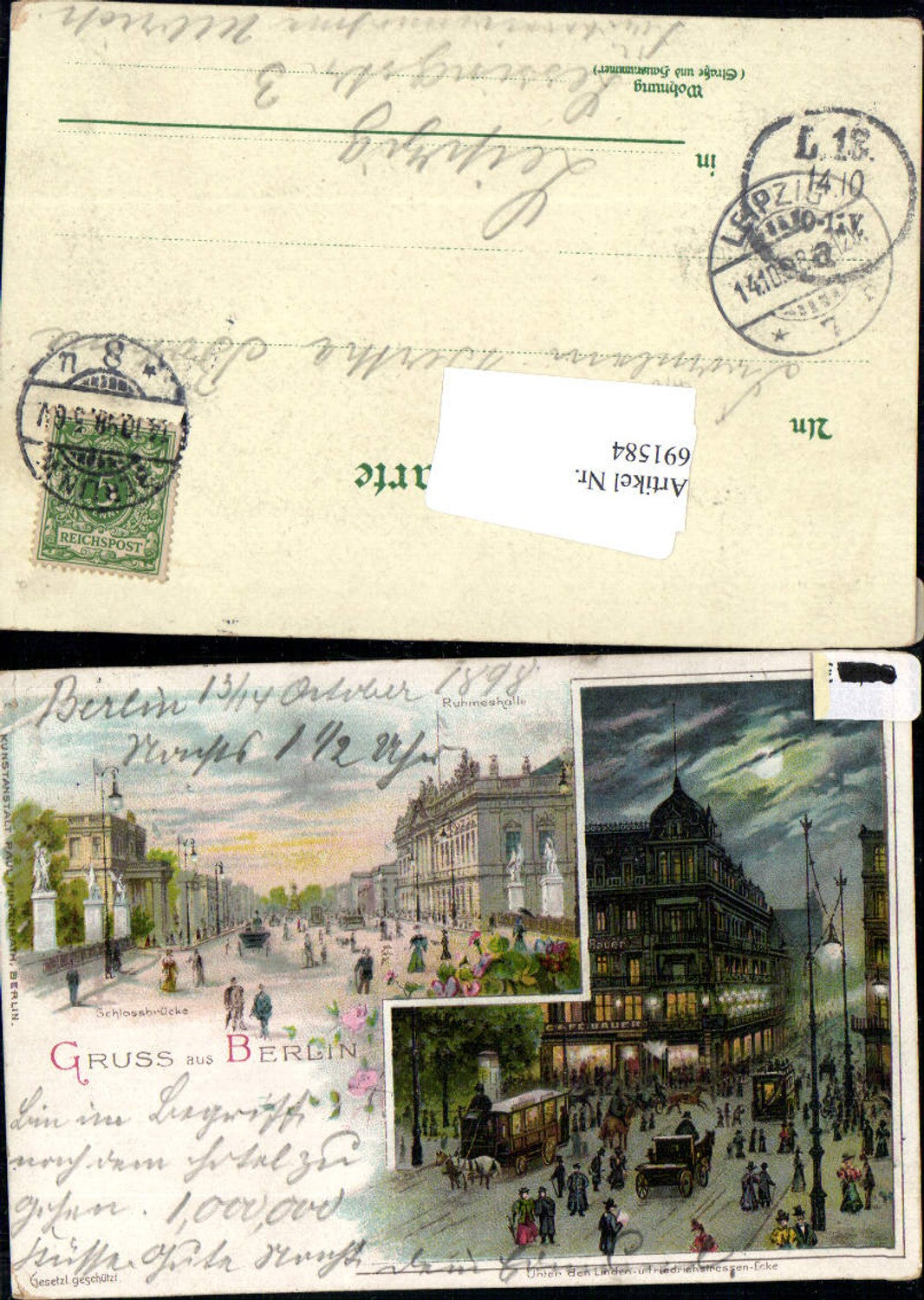 691584 tolle Lithographie Berlin Unter den Linden Schlossbrücke Pferdetram Tramway Tram pub Finkenrath