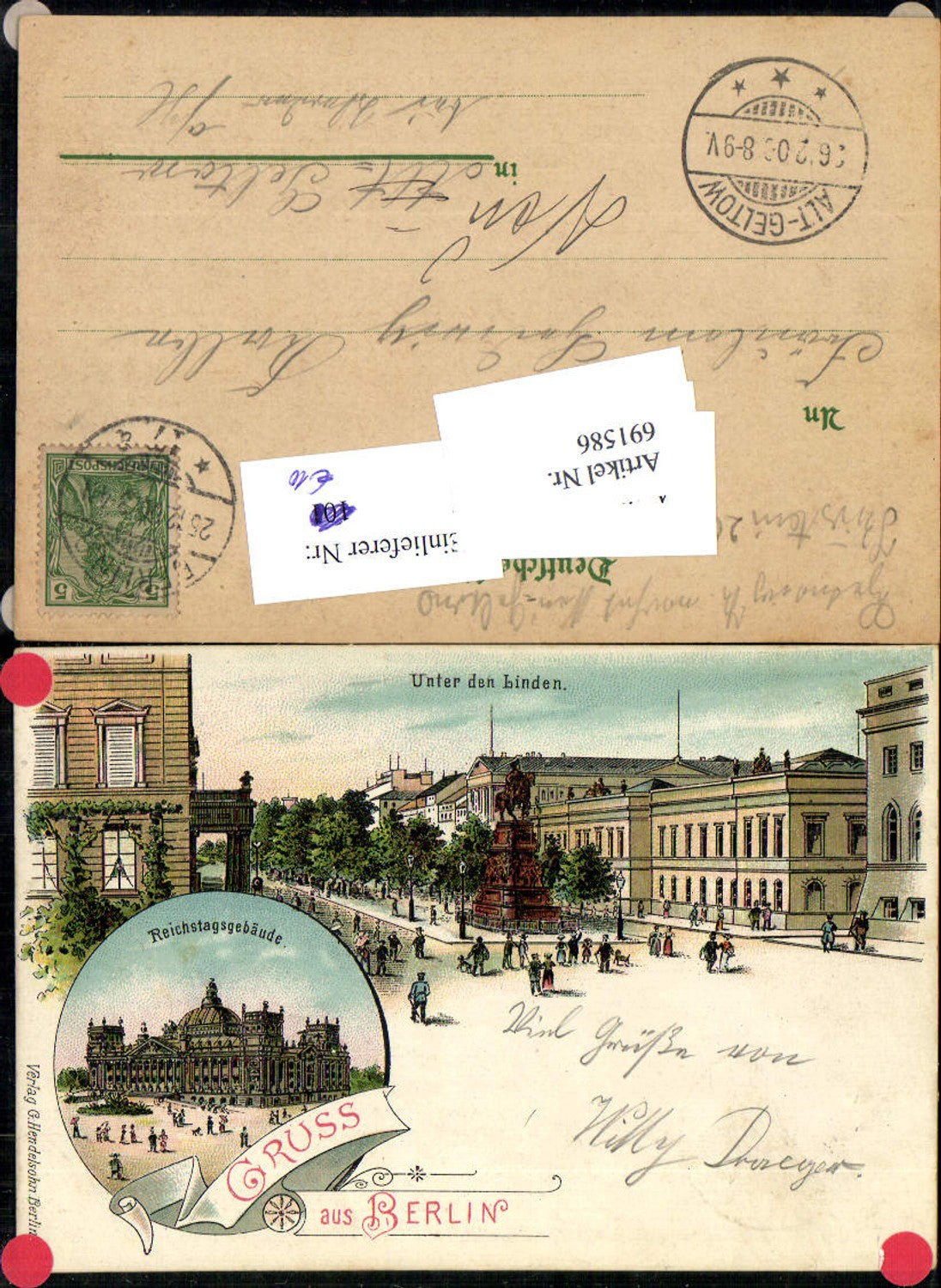 691586 tolle Lithographie Berlin Unter den Linden Reichstagsgebäude pub Hendelsohn