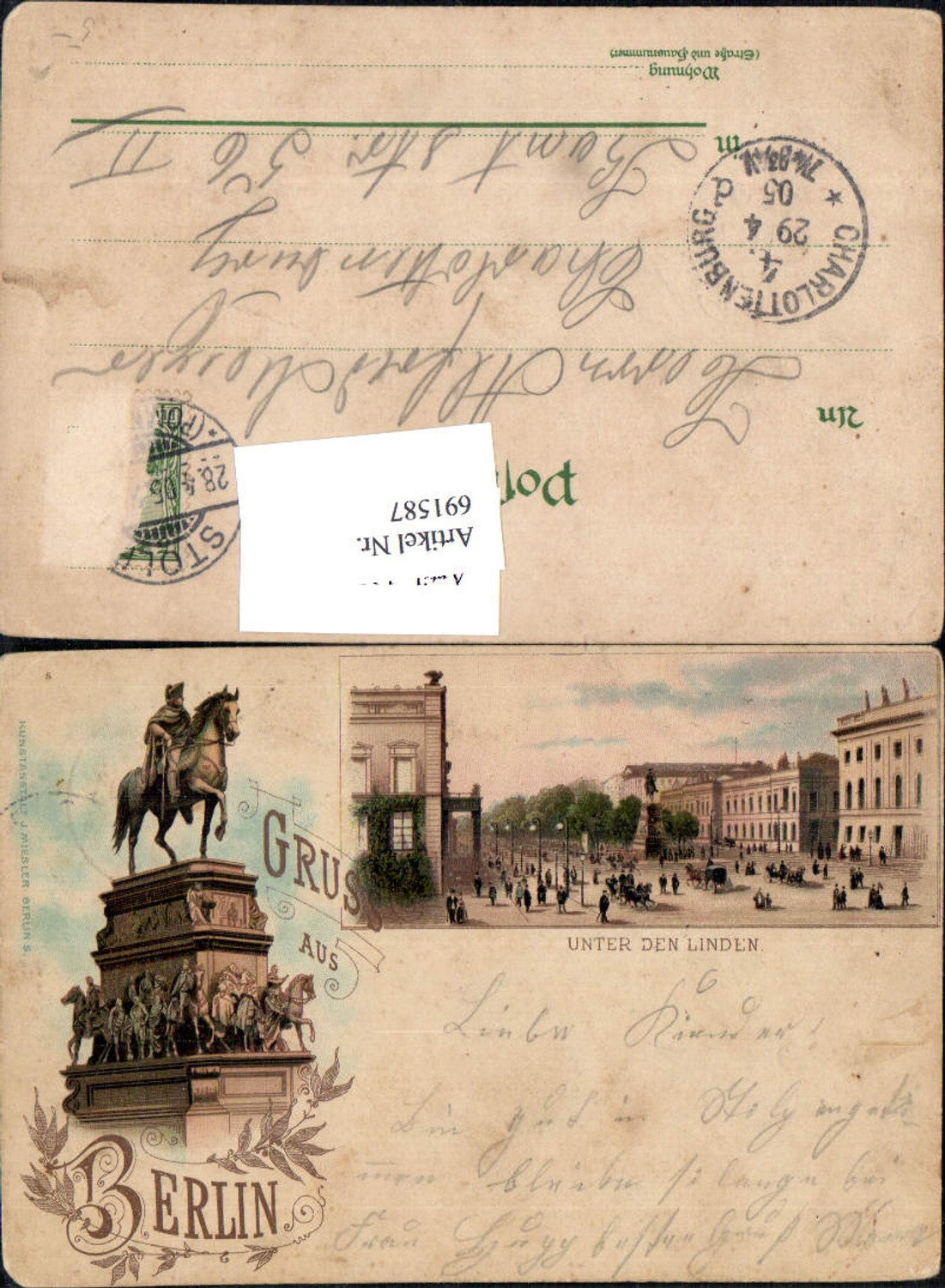 691587 tolle Lithographie Berlin Unter den Linden denkmal pub Miesler