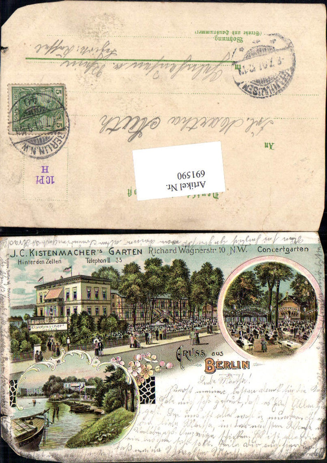 691590 tolle Lithographie Berlin Tiergarten J.C. Kistenmacher Garten Cafe Gasthaus Richard Wagnerstraße