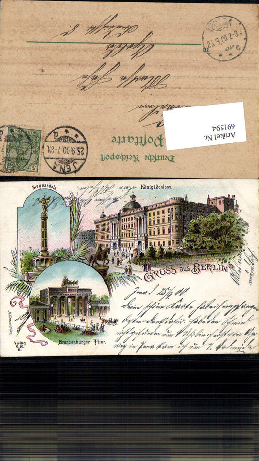 691594 tolle Lithographie Berlin Brandenburger Thor Tor Siegessäule Königl. Schloss  pub M. Liemann