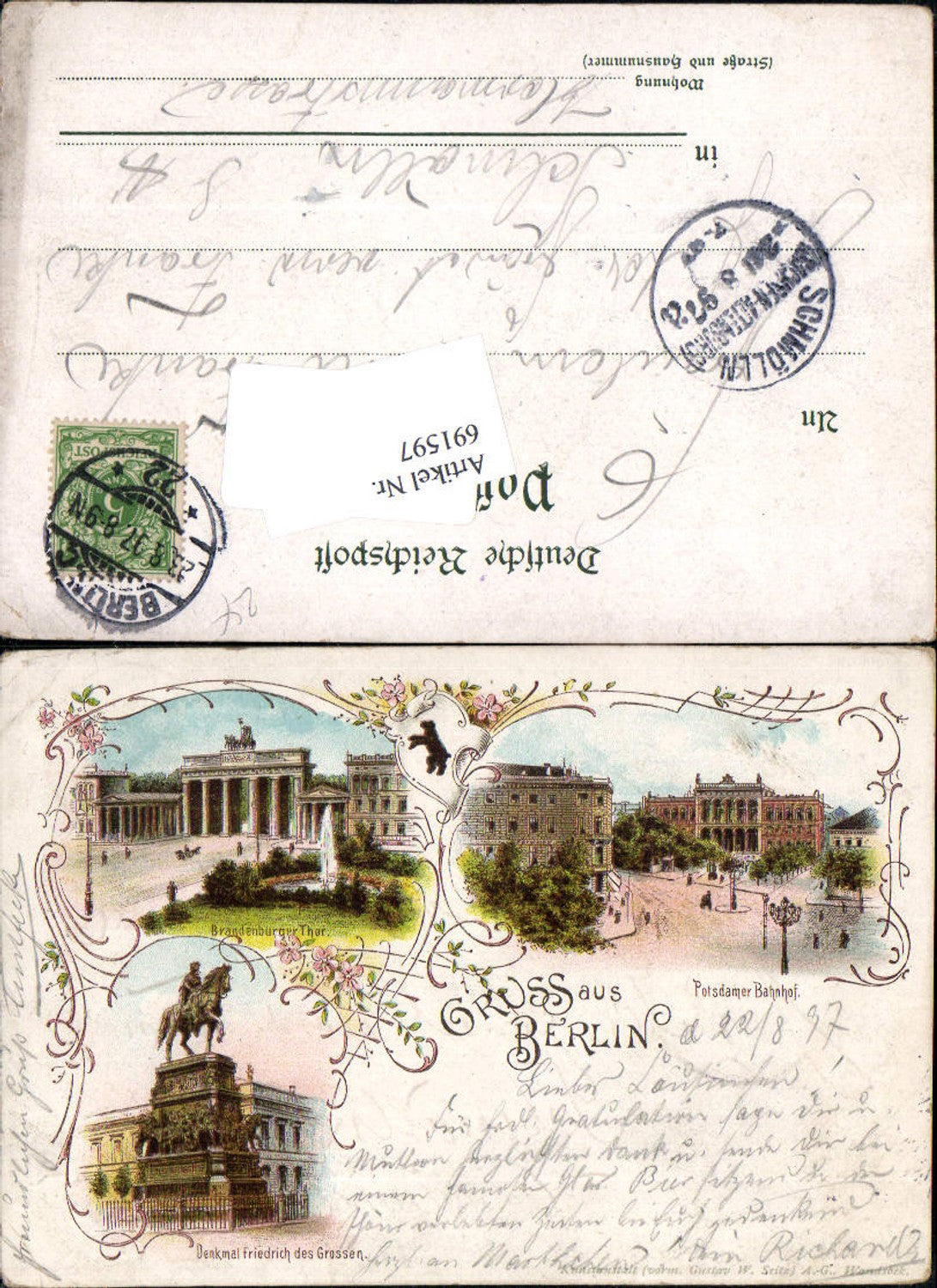 691597 tolle Lithographie Berlin Tiergarten Potsdamer Bahnhof Denkmal Friedrich des Großen