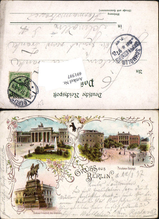 691597 tolle Lithographie Berlin Tiergarten Potsdamer Bahnhof Denkmal Friedrich des Großen