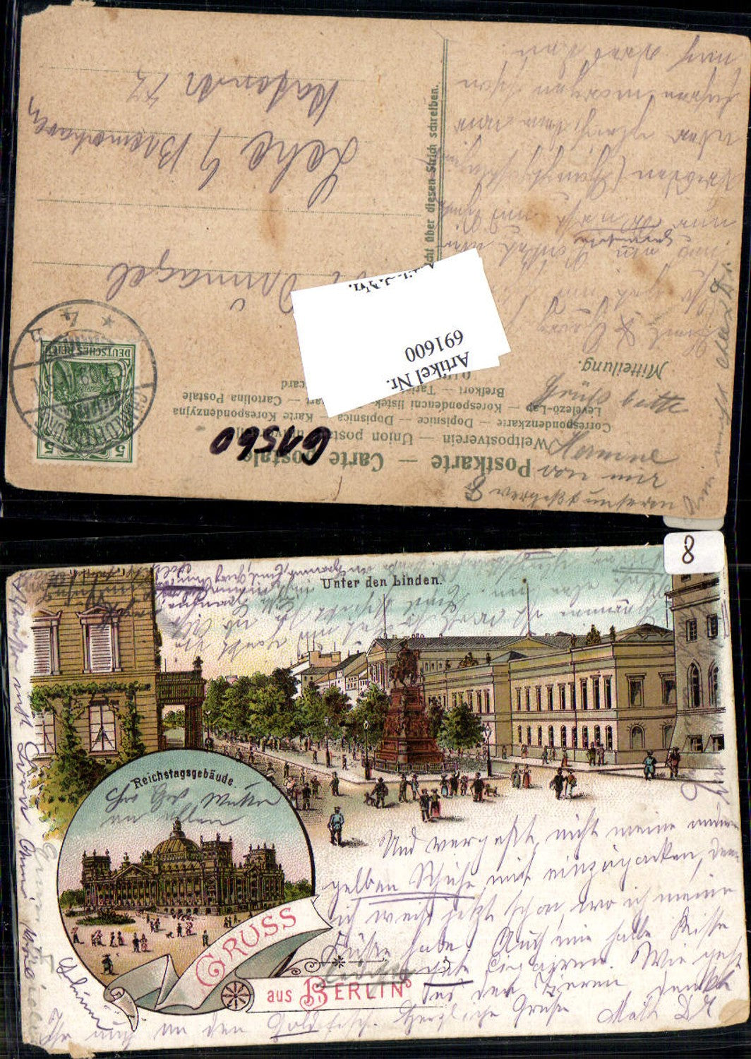 691600 tolle Lithographie Berlin Reichstagsgebäude Unter den Linden gel. Lehe Bremerhaven