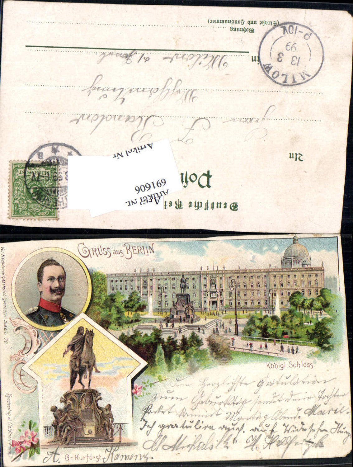 691606 tolle Lithographie Berlin Kgl. Schloss Kaiser Wilhelm Portrait pub J. Goldiner