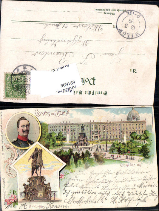 691606 tolle Lithographie Berlin Kgl. Schloss Kaiser Wilhelm Portrait pub J. Goldiner