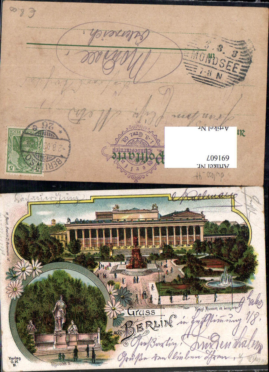 691607 tolle Lithographie Berlin Lustgarten Museum Albrecht II. Denkmal pub M. Reich