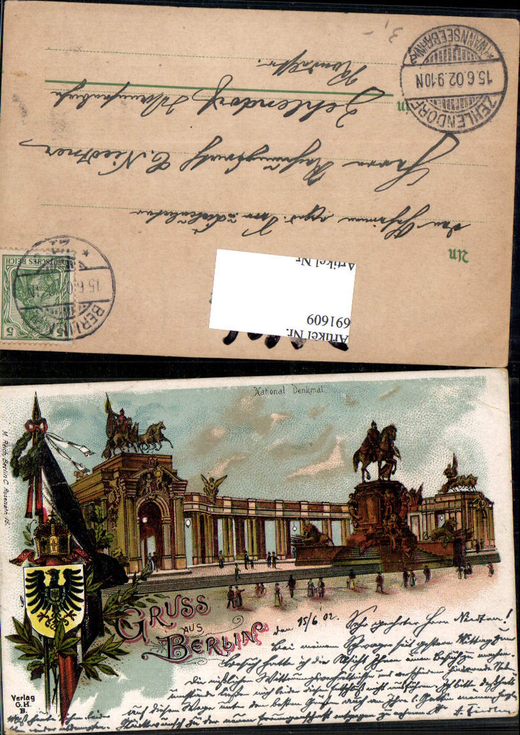 691609 tolle Lithographie Berlin National Denkmal Wappen Patriotik pub G. H.