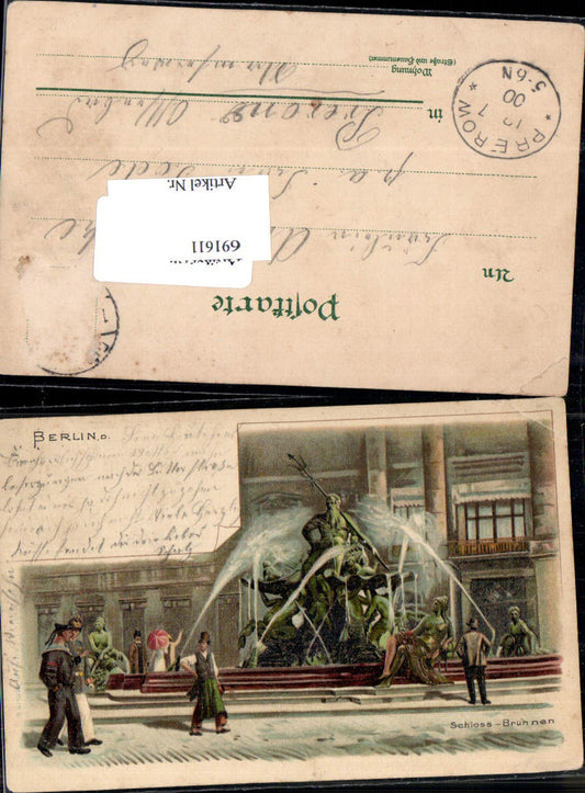 691611 tolle Lithographie Berlin Schloss Brunnen Leute Matrosen gel. Prerow
