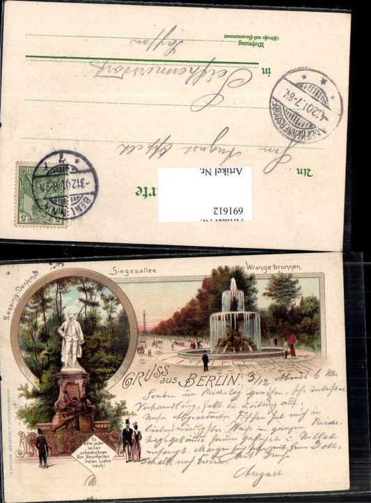 691612 tolle Lithographie Berlin Tiergarten Lessing Denkmal Siegesallee Wrangelbrunnen pub Miesler