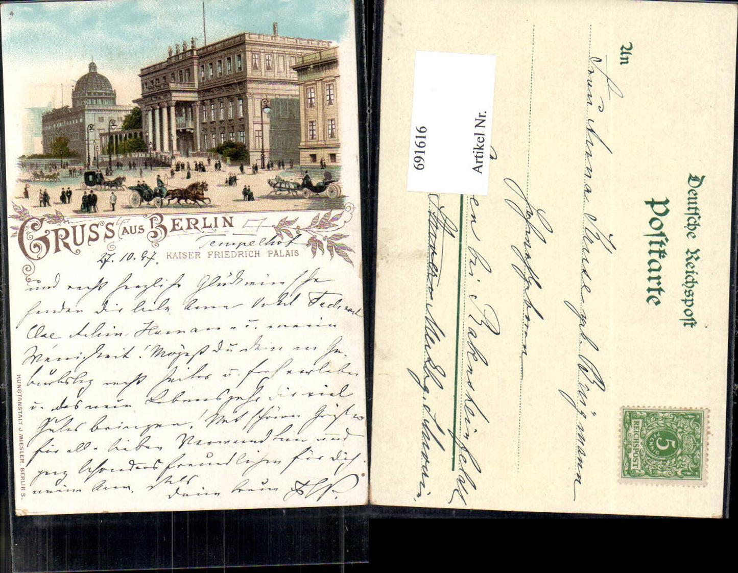 Lithographie Berlin Kaiser Friedrich Palais Kutsche gel. Gneven Raben-Steinfeld Parchim