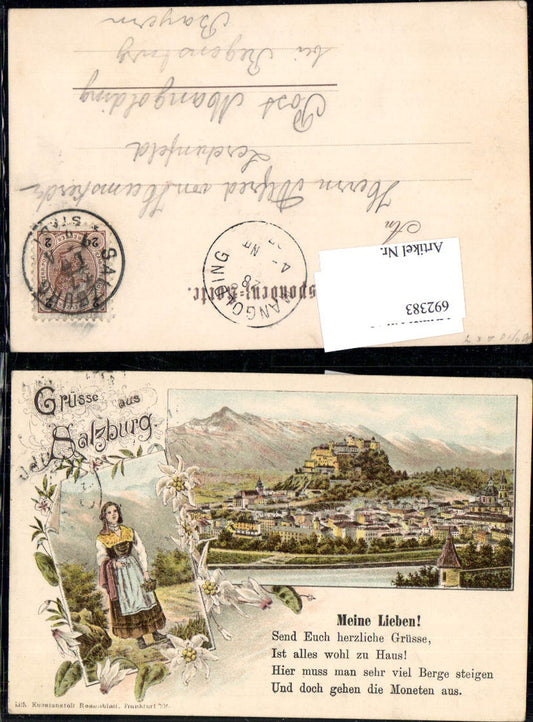 692383 tolle Lithographie Salzburg Hohensalzburg Tracht Edelweiss pub Rosenblatt