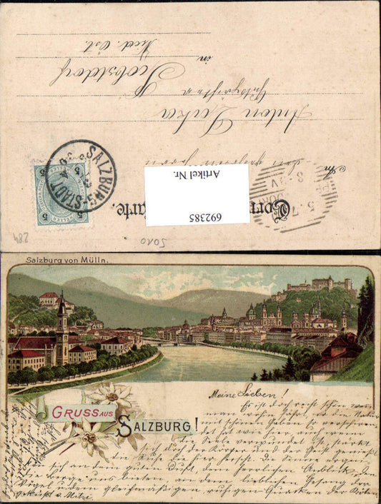 692385 tolle Lithographie Salzburg Mülln Edelweiss gel Stp. Probstdorf