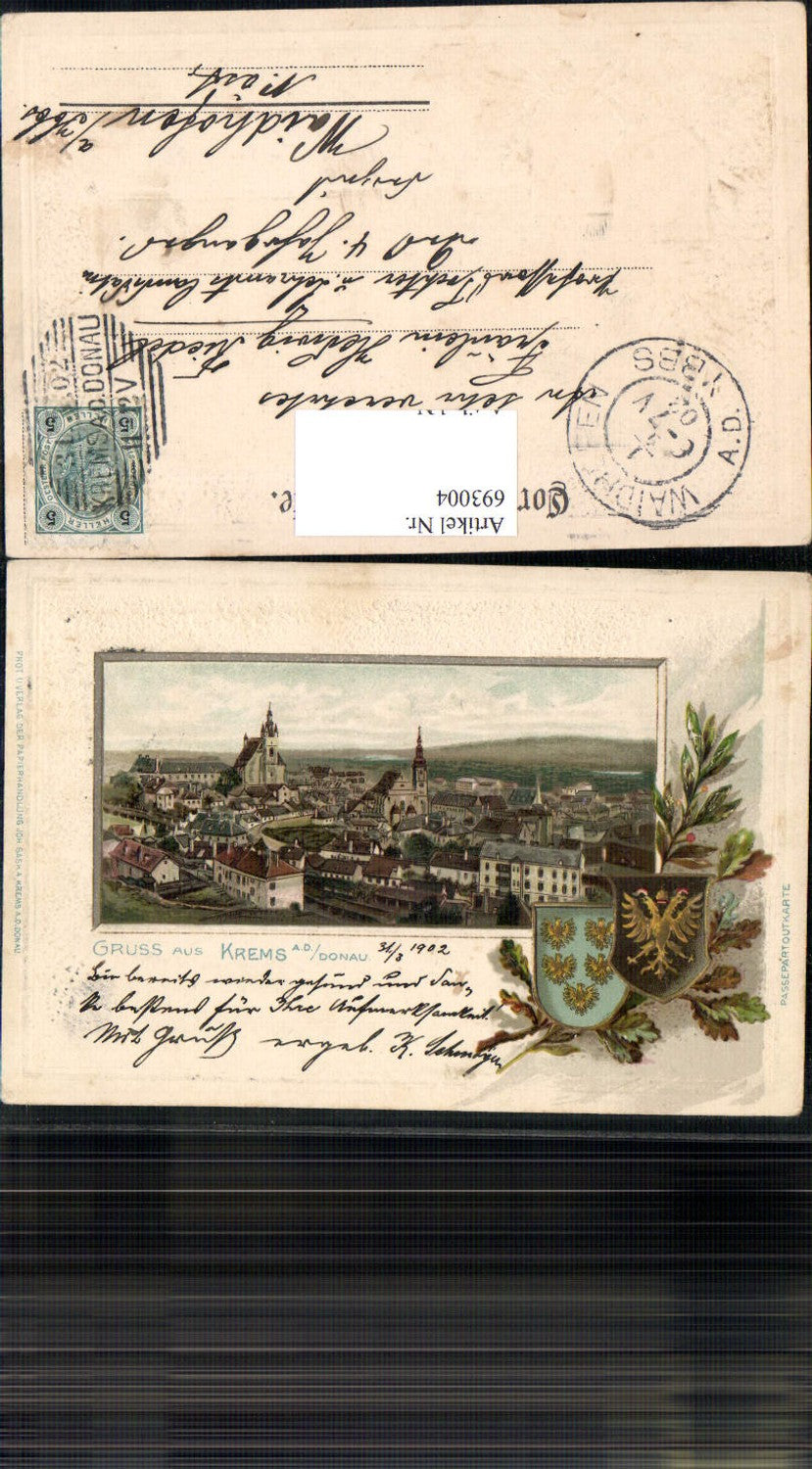 693004 tolle Präge Passepartout AK Krems an der Donau Wappen Passepartoutkarte