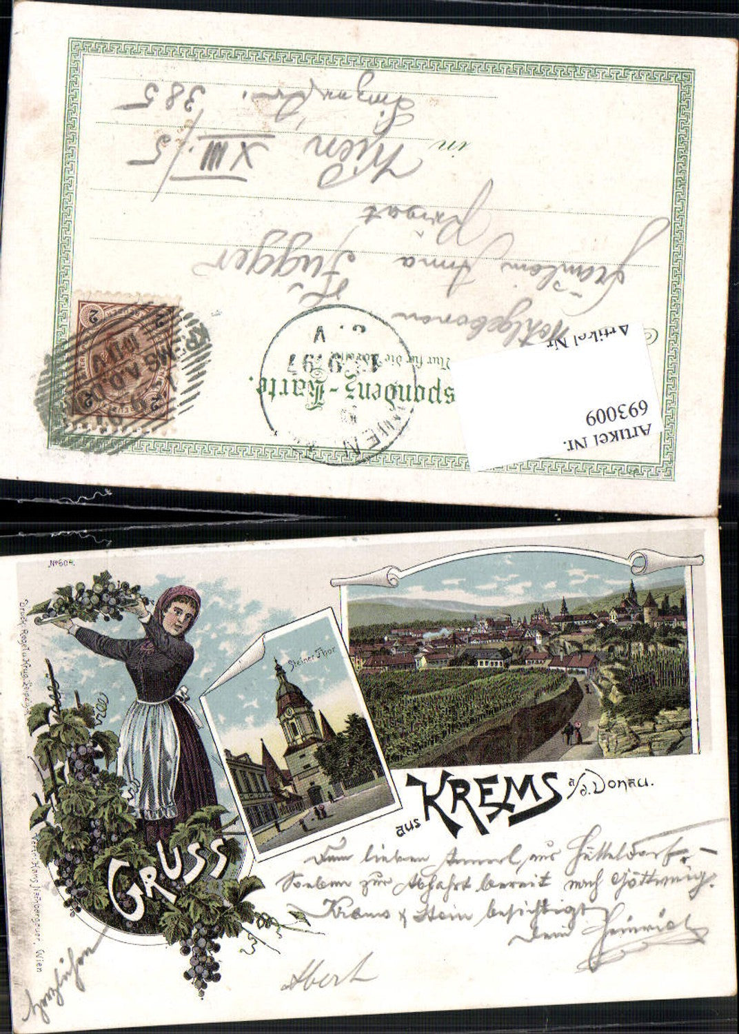 693009 tolle Lithographie Gruss aus Krems an der Donau Steiner Thor pub Regel & Krug 604