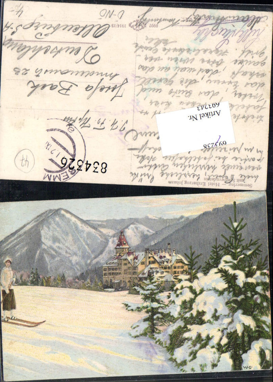 693243 tolle Künstler AK W.D. Semmering Hotel Erzherzog Johann Skifahrerin