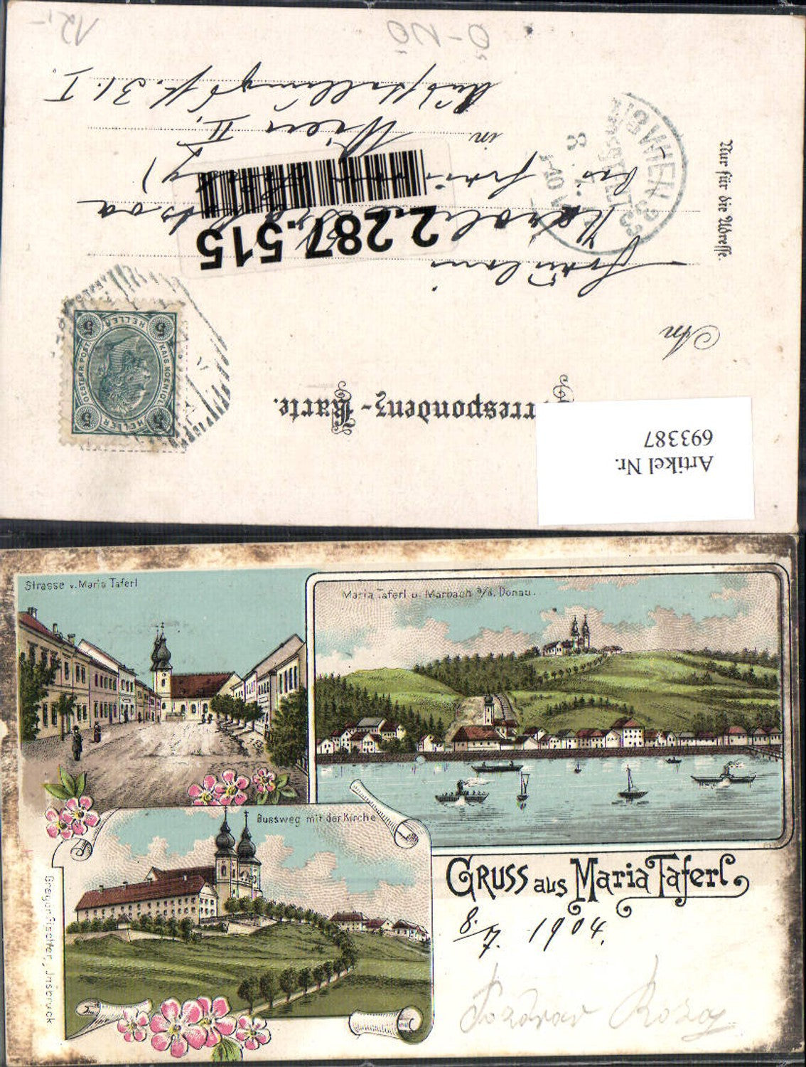 693387 seltene Lithographie Gruss aus Maria Taferl Marbach Wachau Donau