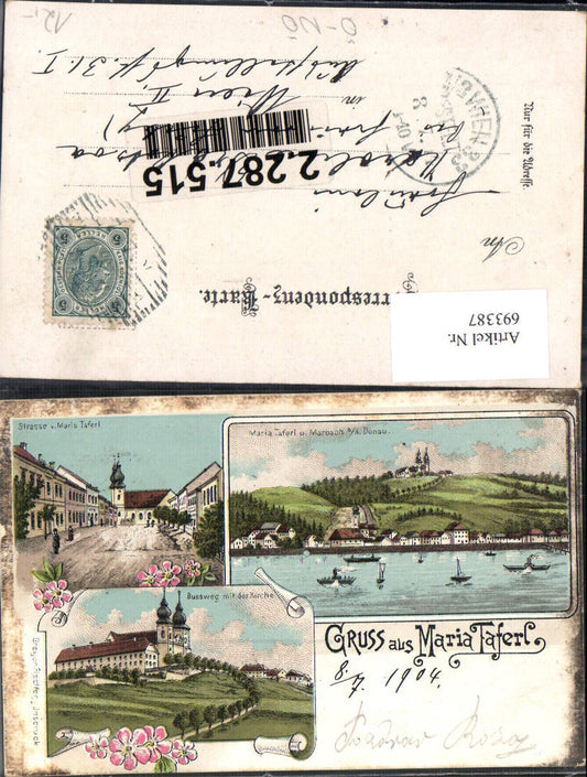 693387 seltene Lithographie Gruss aus Maria Taferl Marbach Wachau Donau