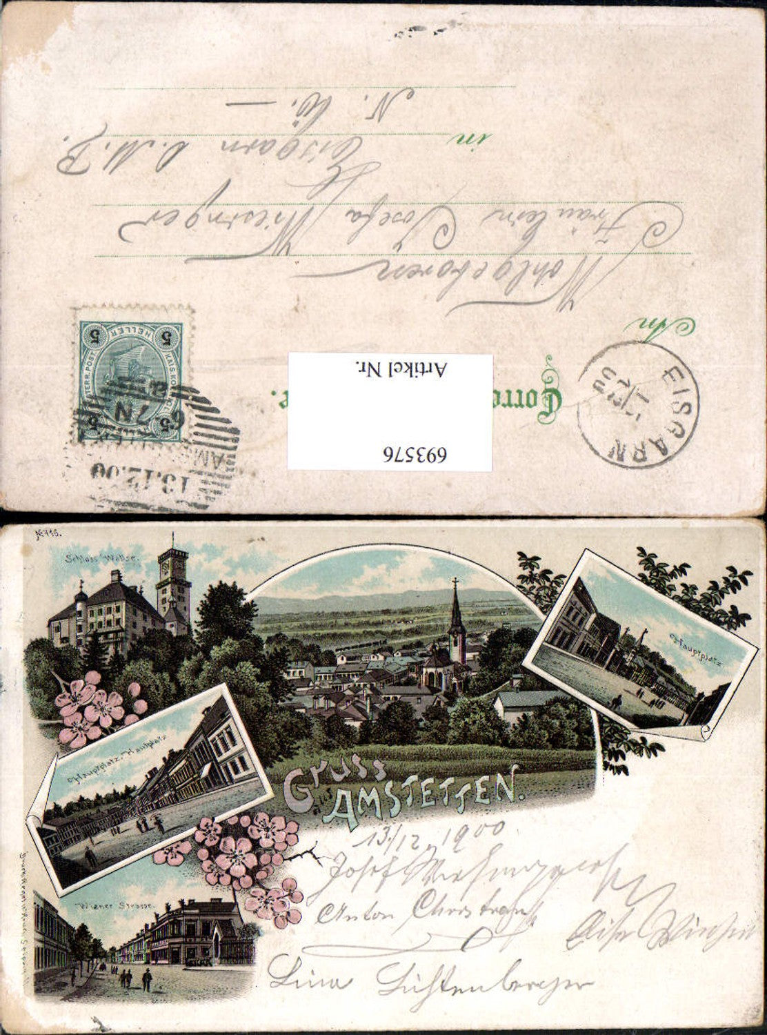 693576 Lithographie Gruss aus Amstetten Schloss Wallsee gel Eisgarn pub Regel & Krug 716