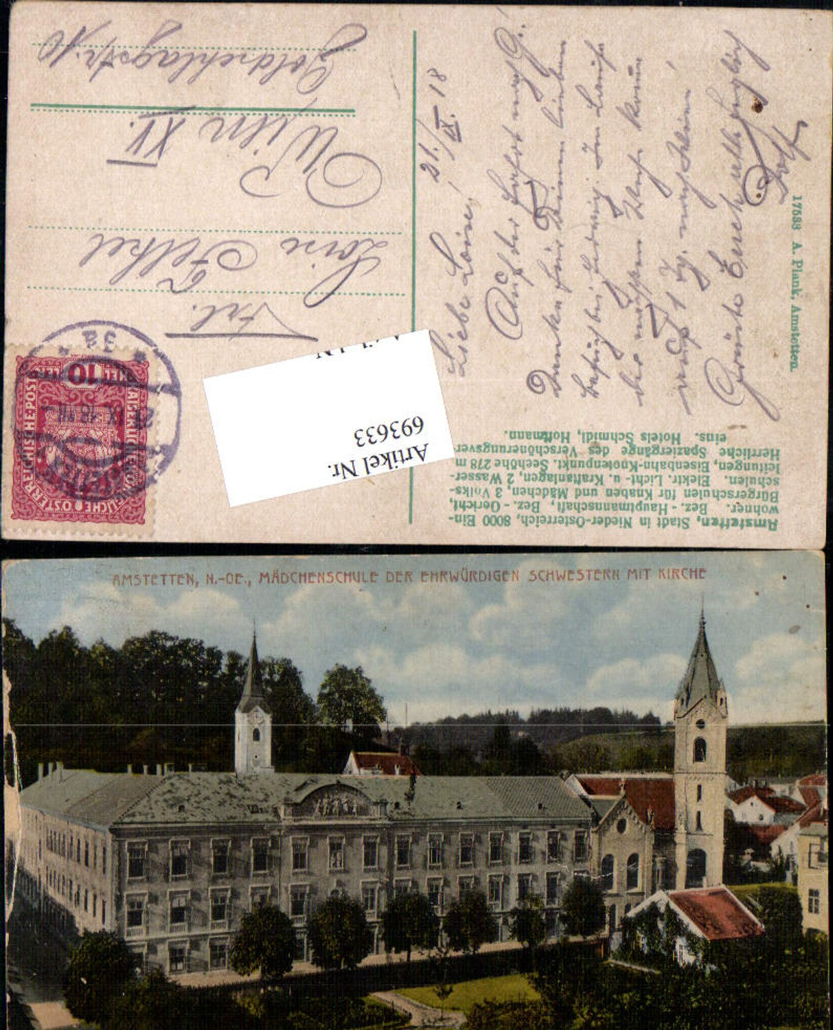 693633 Amstetten Mädchenschule d. Ehrw. Schwestern Kirche pub A. Plank 17533