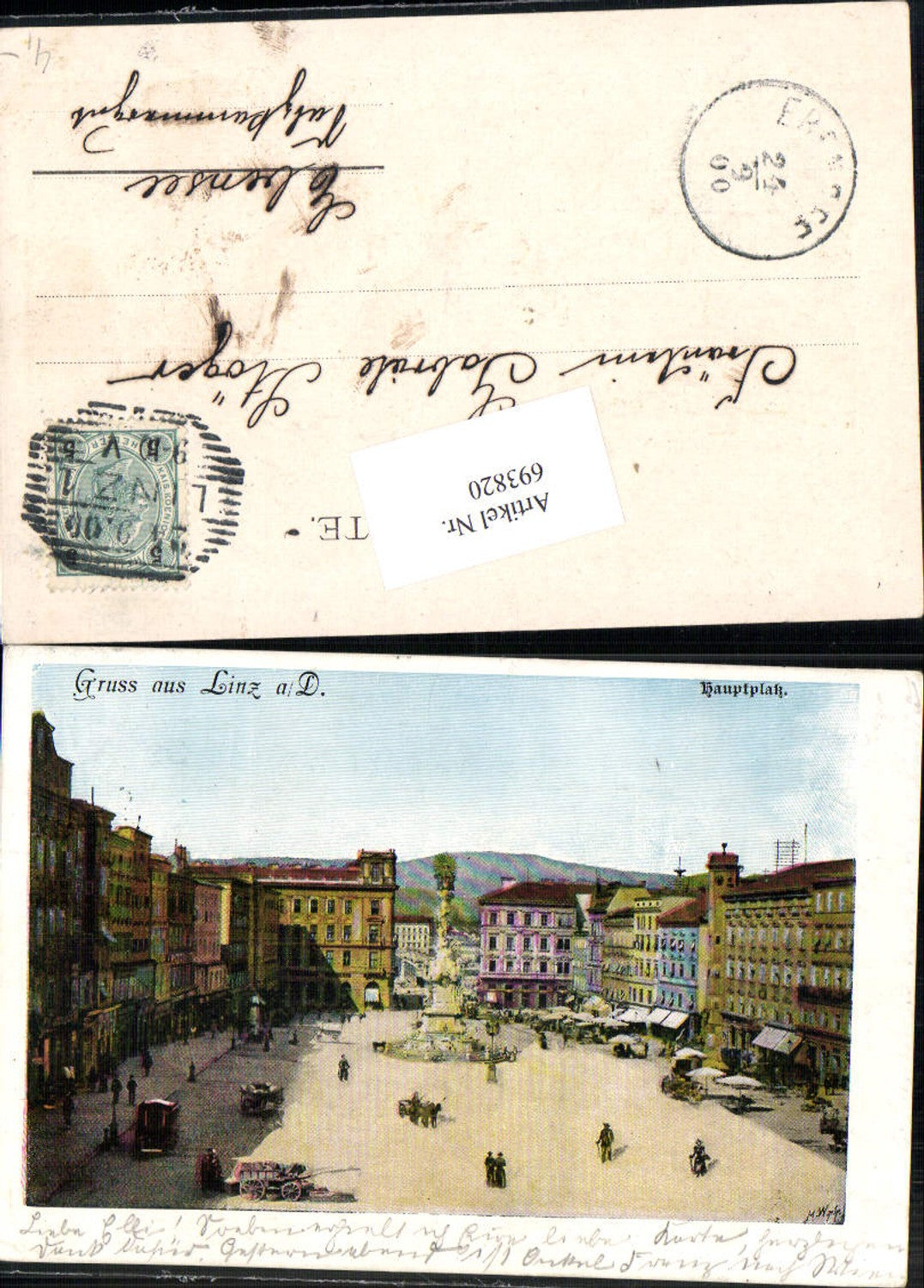 693820 Linz an der Donau Franz Josefsplatz Lithographie gel Ebensee Stp. Ankunftsstempel