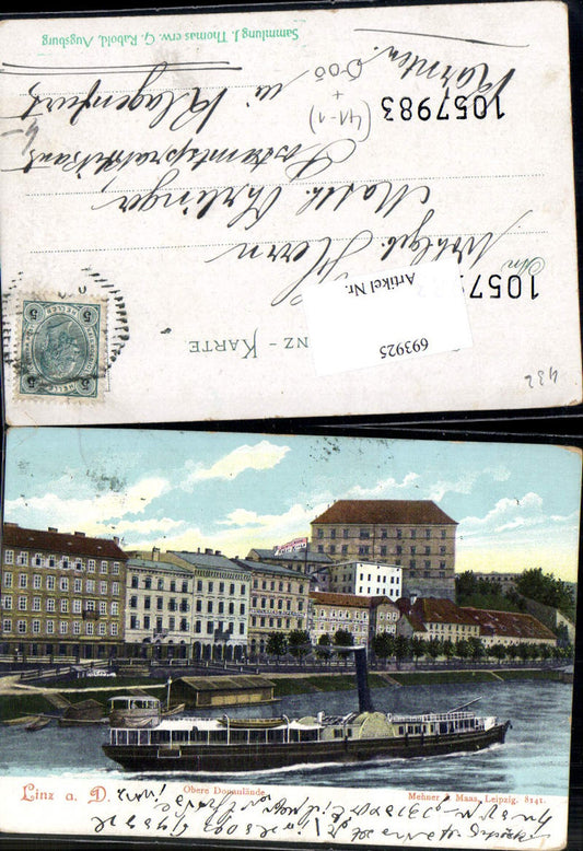 693925 Linz an der Donau Obere Donaulände Dampfer pub Mehner & Maas 8141 Stp. J. Thomas Sachrang