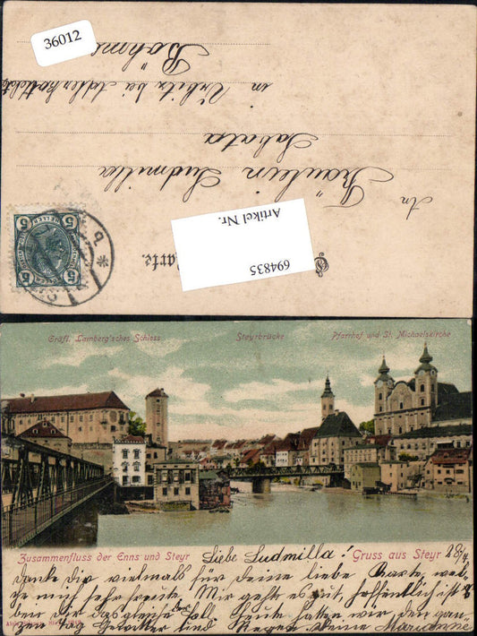 694835 Steyr Steyrdorf Brücke Vorstadt Lamberg Schloss 1900 gel Vrbitz