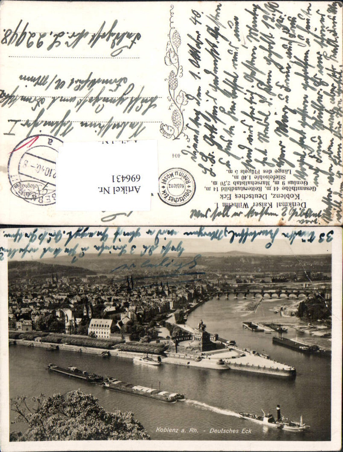 696431 Koblenz am Rhein Deutsches Eck Feldpost Luftgaupostamt Frankfurt