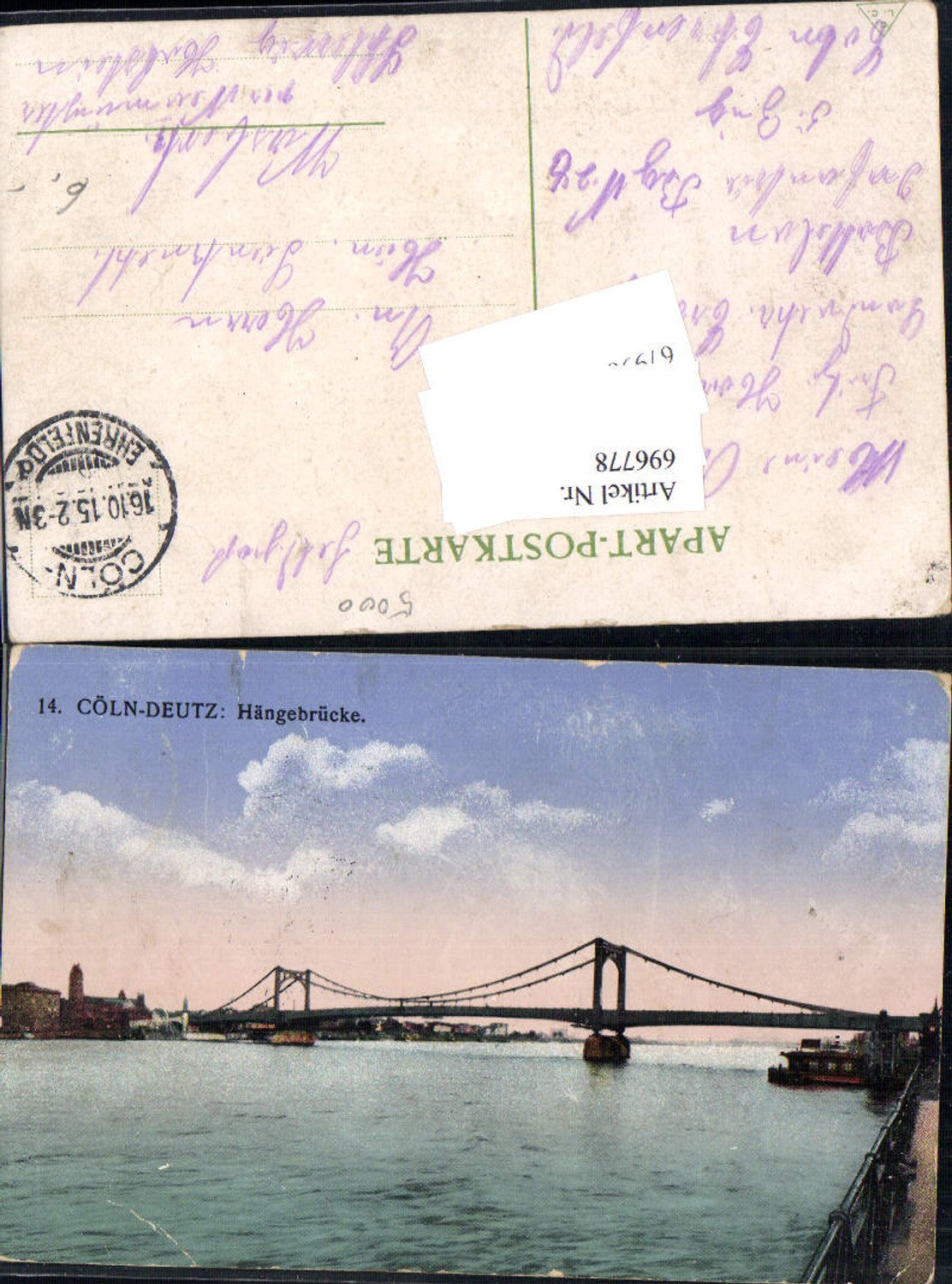 696778 Köln Cöln Deutz am Rhein Feldpost Ehrenfeld gel Wasbek Neumünster