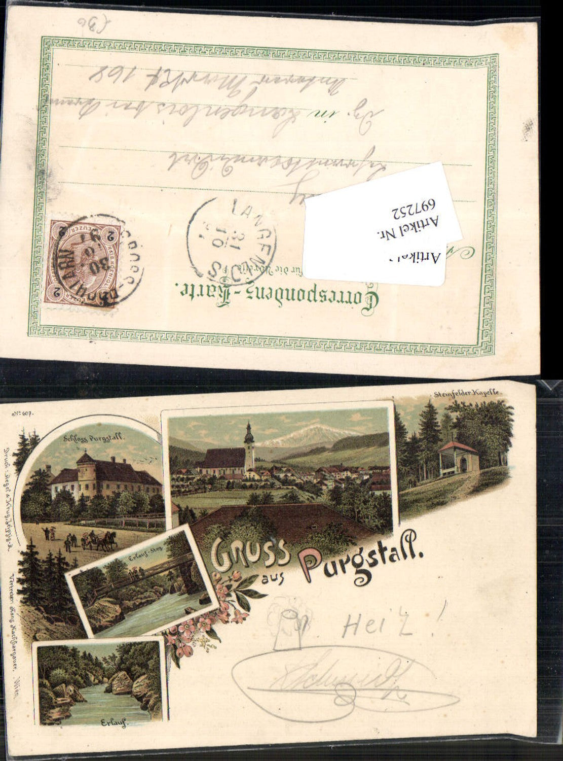 697252 tolle Lithographie Gruss aus Purgstall an der Erlauf