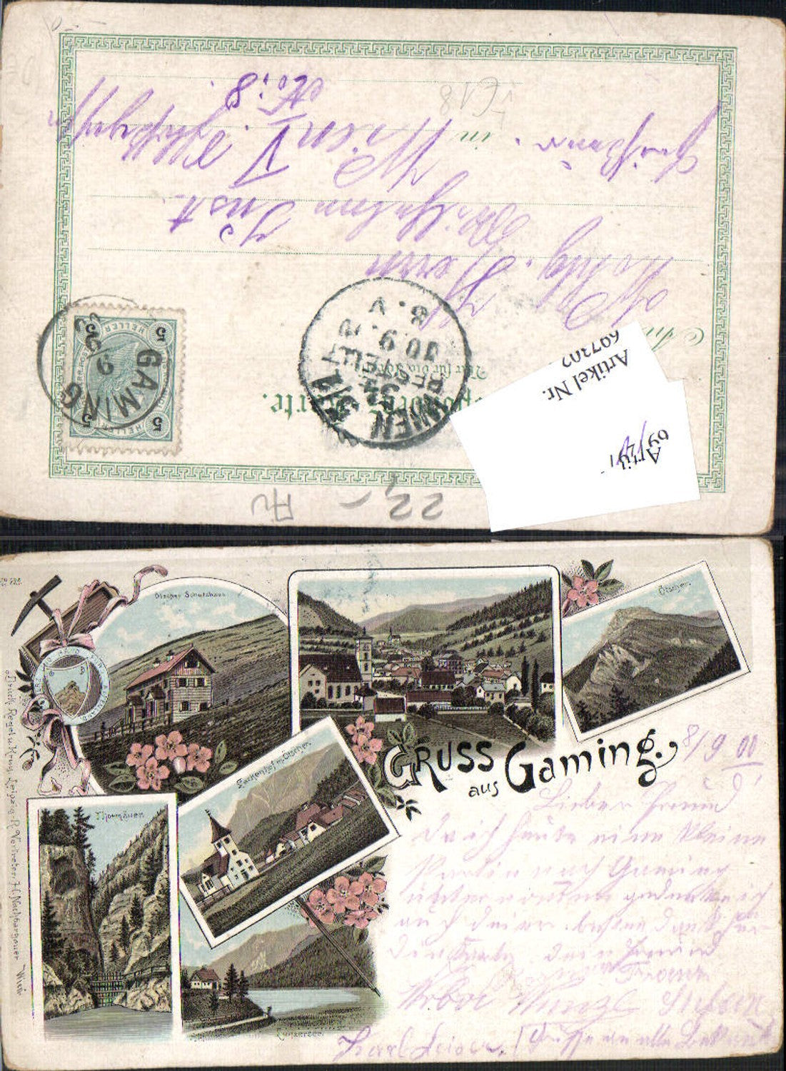 697302 tolle Lithographie Gruss aus Gaming Lunzersee Lunz Tormäuer Kienberg pub Regel & Krug