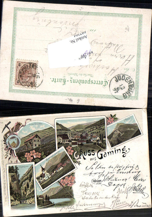 697304 Lithographie Gruss aus Gaming Tormäuer Kienberg Lunzersee Lunz Ötscher pub Regel & Krug