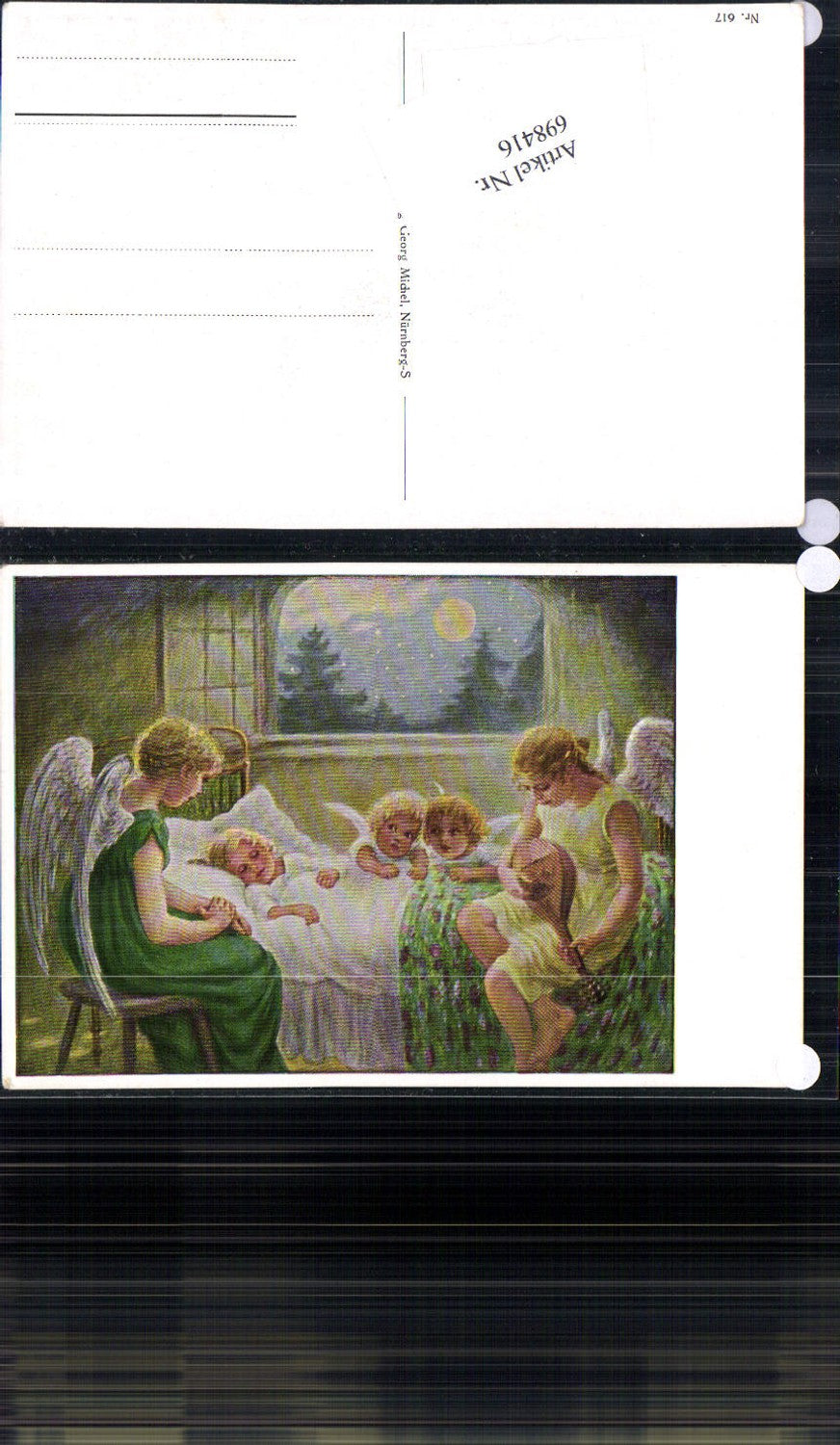 698416 tolle Künstler AK Engel Schutzengel Kinder Laute Mond Sterne Bett